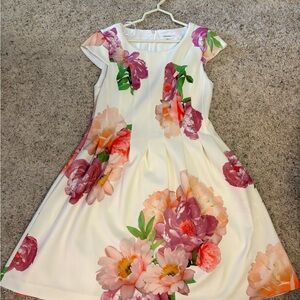 Copy Calvin Klein Cream and Pink Floral Midi Dress size 12